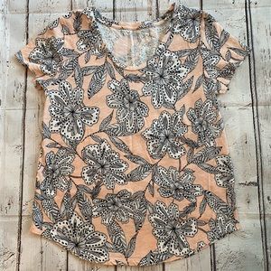 LOFT Pink Black Floral Print Cotton Tee XS